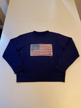 Polo Ralph Lauren Navy Blue American Flag Fleece Sweatshirt Top Sz Medium
